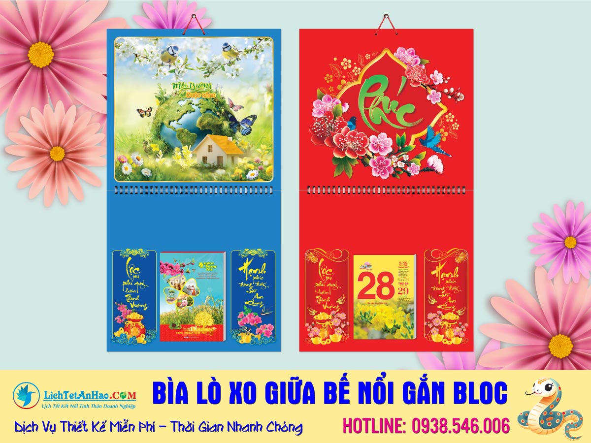 Bìa Lò Xo (37×70) Bế Nổi 3D, Lịch Lò Xo Giữa Gắn Bloc 2025